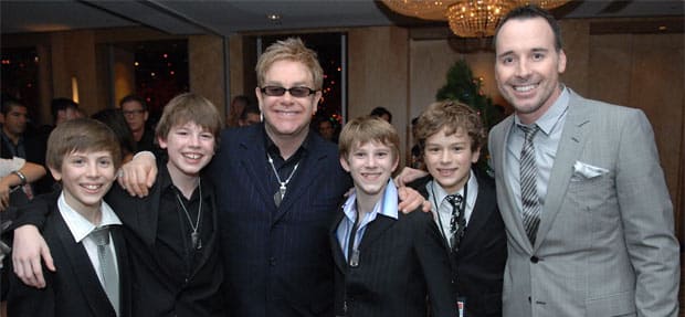 Opening night in Sydney, Australia. Left to right Rhys Kosakowski, Nick Twiney, Elton John, Lochlan Denholm, Rarmian Newton, David Furnish.